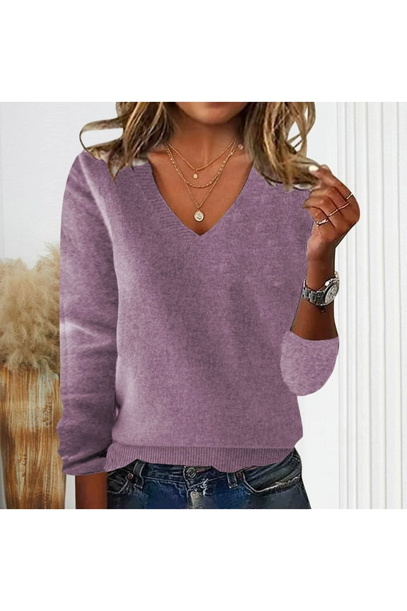 Purple Woemns Sweaters Cute Cotton Pullover Tops V Neck Long Sleeve Trendy Plain Sweaters for Women
