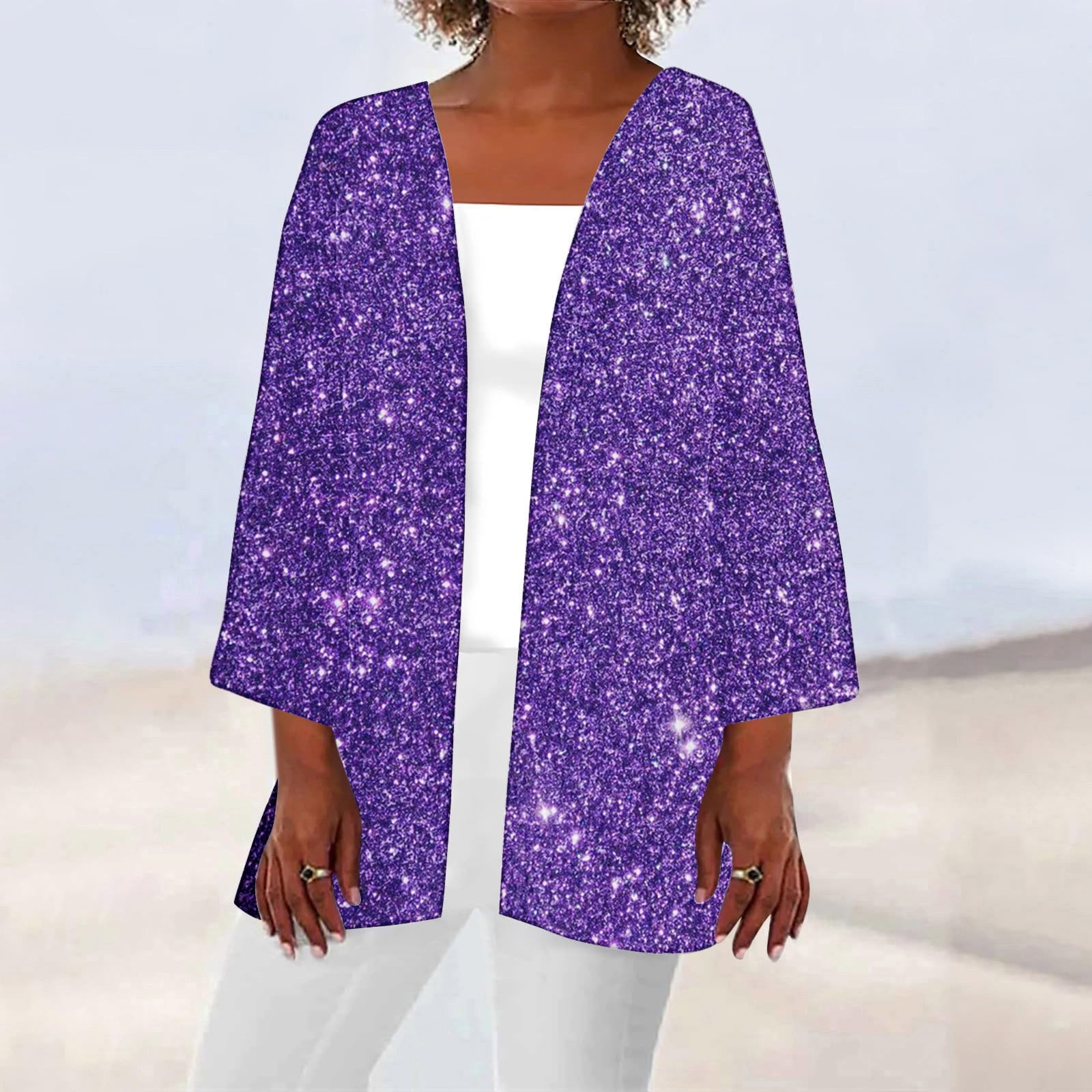 Natural Light Purple Zippered Print Chiffon Coats Summer