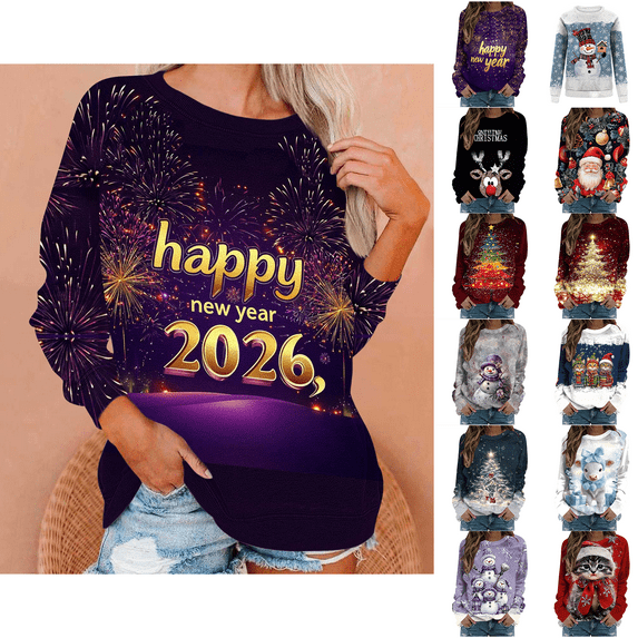 Sakmal Purple Womens Sweatshirts Christmas Plus Size Crew Neck Tops Happy New Year Cute Sweatshirt for Women