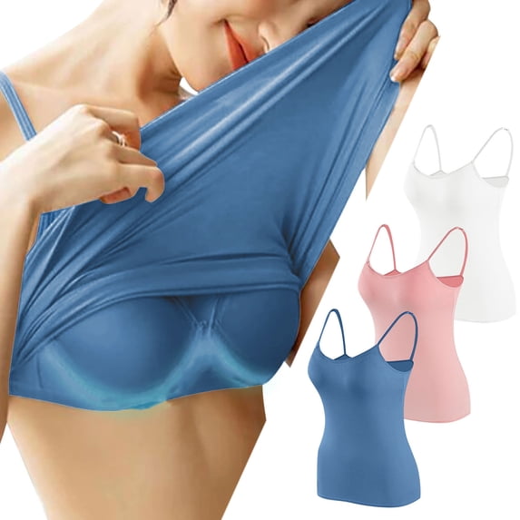 Sakmal Push Up Built in Bra Tank Tops for Women Sport Padded Back Smoothing Molded Cup Blue Womens Bras L,3-Pack