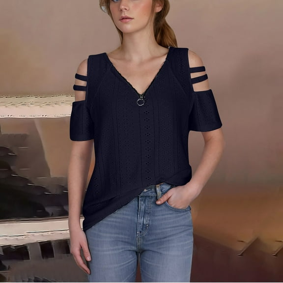 Sakmal Quarter Zip T Shirts for Women Loose Fit V-Neck Mesh Short Sleeve Fashion Shirts T-Shirts Womens Blouses Dressy Casual