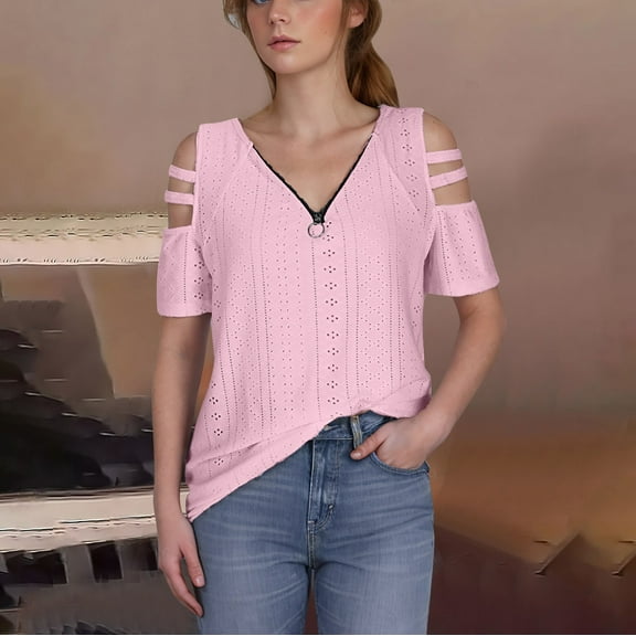 Sakmal Quarter Zip Tees for Women Mesh Short Sleeve Fashion V-Neck Shirts T-Shirts Going Out Tops for Women