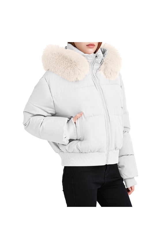 Quilted Winter Jackets for Women Zip Up Puffer with Faux Fur Hood Oversized Down Coat Windbreaker Windproof Beige Jackets for Women