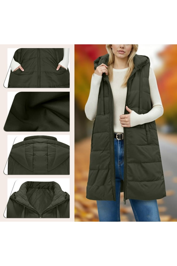 Quilted Winter Vest for Women Puffer Snow Warm Long Jackets Hooded Green Waterproof 3/4 Sleeve Long Vests for Women