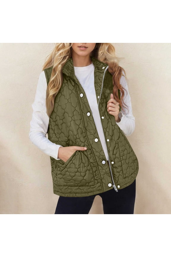 Quilted Winter Vest for Women Zip Up Snow Puffer Outerwear Jackets Waterproof Green Sleeveless Vests for Women