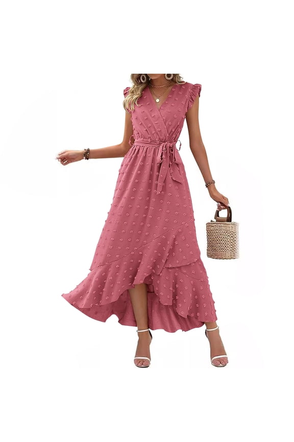 Red Dresses for Women 2024 Maxi V-Neck Short Sleeve Asymmetrical Opening Solid Ruffle A-Line Dress