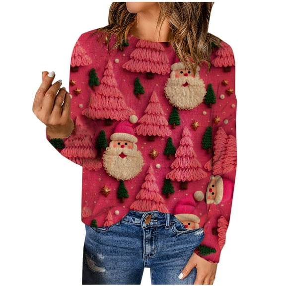 Sakmal Red Fall Sweaters for Women Cozy Pullover Christmas Tops Santa Claus Crew Neck Trendy Sweaters for Women