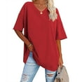 thumbnail image 1 of Sakmal Red Ladies Tops Elbow-Length V-Neck Solid Blouses Ladies Shirts $5, 1 of 5