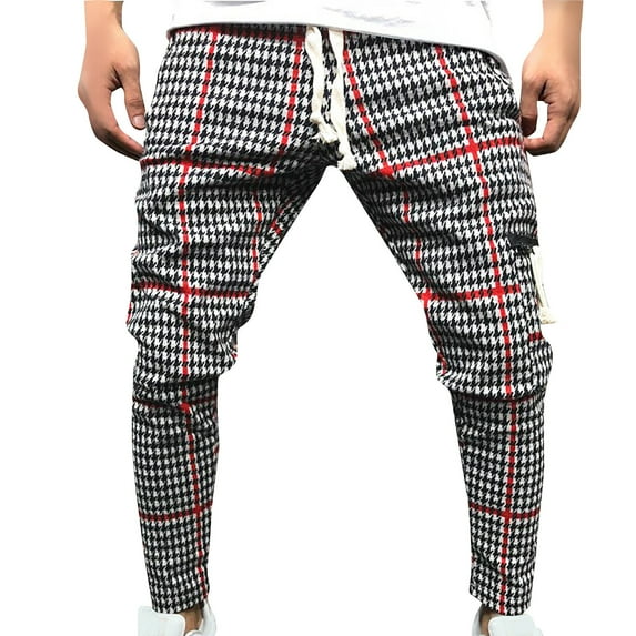 Sakmal Red Plus Size Pants for Men Sweatpants Full Drawstring Plaid Pockets Fashion Trousers for Mens