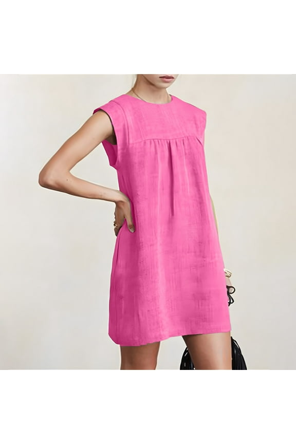 Red Summer Dresses Mini Cotton Line Sundress Dress Sleeveless Solid Crew Neck Dresses