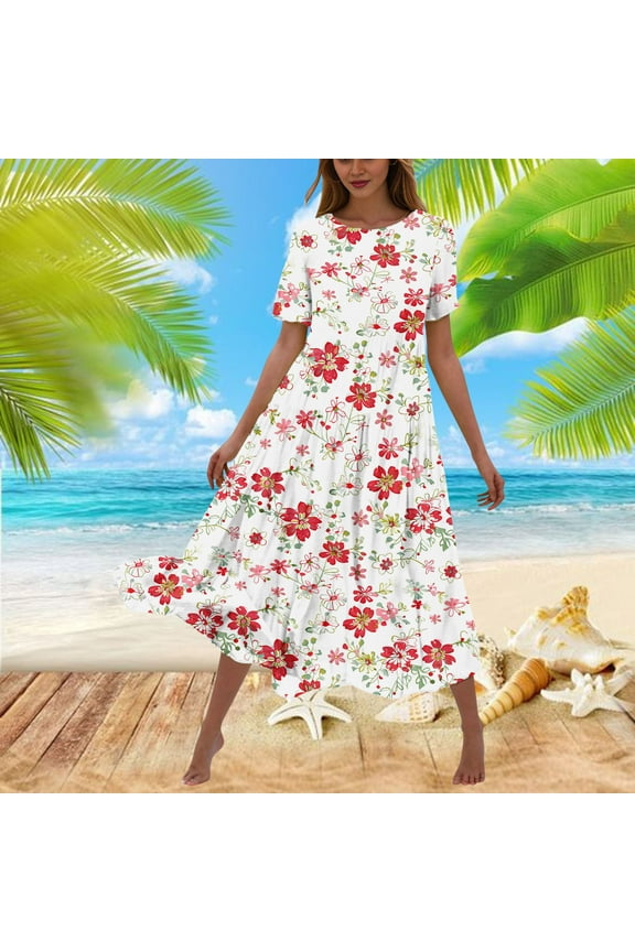 Red Summer Dresses for Women 2024 Crew Neck Long Flowy Short Sleeve Loose Fit Floral A-Line Dress