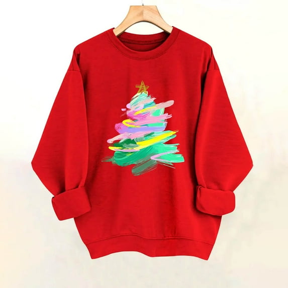 Sakmal Red Sweatshirts for Women Christmas Crew Neck Tops Trendy Christmas Trees Sweatshirt for Women