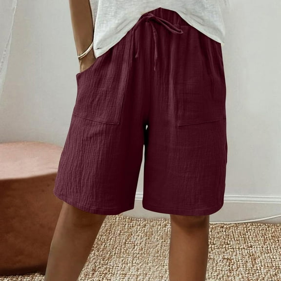 Sakmal Red Women Shorts Home Cotton Linen Bermuda Solid 9 Inch Inseam Mid Rise Shorts with Pockets