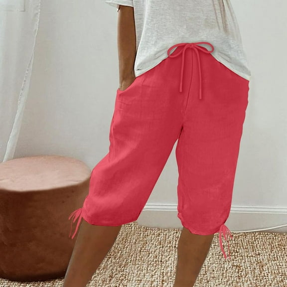 Sakmal Red Women Shorts Knee Length Chino Bermuda Cotton and Linen High Waisted 12" Shorts with Pockets
