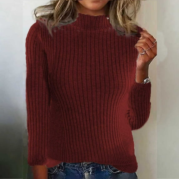 Sakmal Red Womens Fall Sweaters Cozy Mock Neck Knit Solid Sweaters for Women XXL
