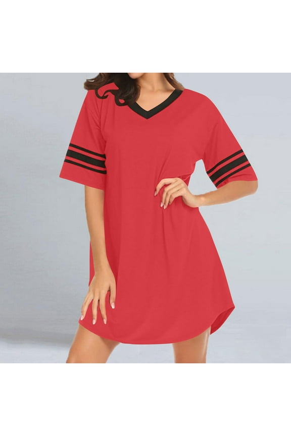 Red Womens Moomoo Nightgowns Casual Plus Size Short Loungewear Short Sleeve Patchwork Nightgowns for Women
