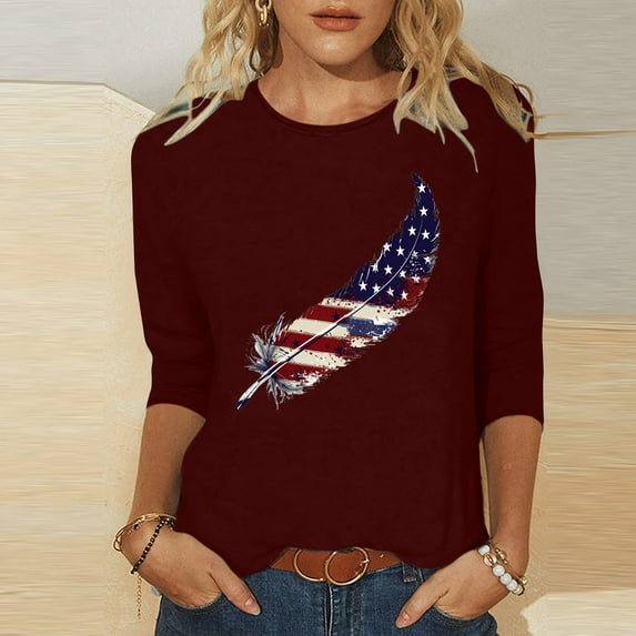 Sakmal Red Womens Tops Under $10 3/4 Sleeve Graphic Independence Day Crew Neck T-Shirts Shirts for Women