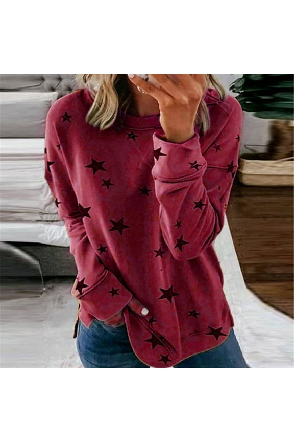 Red Womens Tops Long Sleeve Crew Neck Floral Star T-Shirts Womens T Shirts