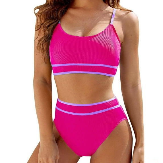 Sakmal Ribbed Bikini Sets for Women High Waisted Two Piece Pink Swimwear Push Up Padded Swimsuit Sets