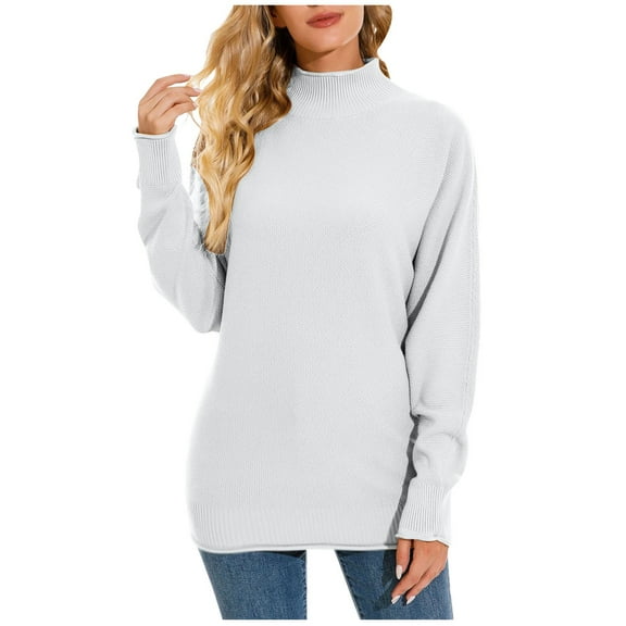 Sakmal Ribbed Fall Sweaters for Women Teacher White Tunic Tops Trendy Mock Neck Solid Long Sleeve Sweaters for Women