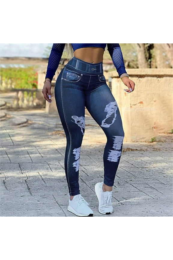Ripped Leggings for Women High Waisted Plus Size Butt Lifting Blue Yoga Pants Long Solid Workout Jegging