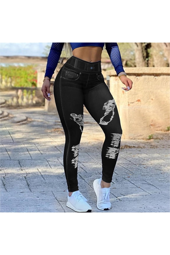 Ripped Leggings for Women Plus Size High Waisted Butt Lifting Black Yoga Pants Long Workout Solid Jegging