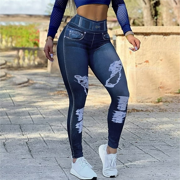 Sakmal Ripped Women Leggings Butt Lifting Blue High Waisted Plus Size Yoga Pants Long Workout Solid Jegging