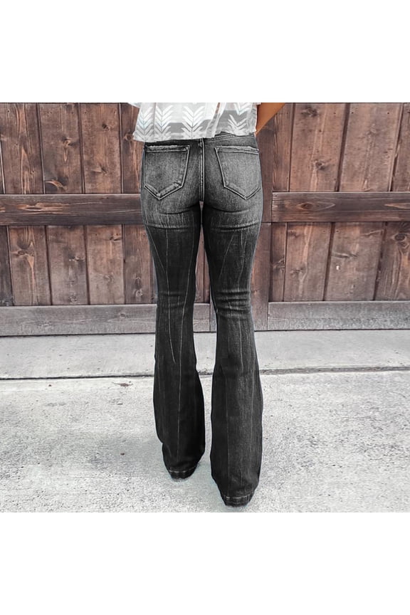 Ripped Women's Pants Girlfriend Denim Bootcut Jean Black Dark Wash Full Length High Waisted Pants with Pockets