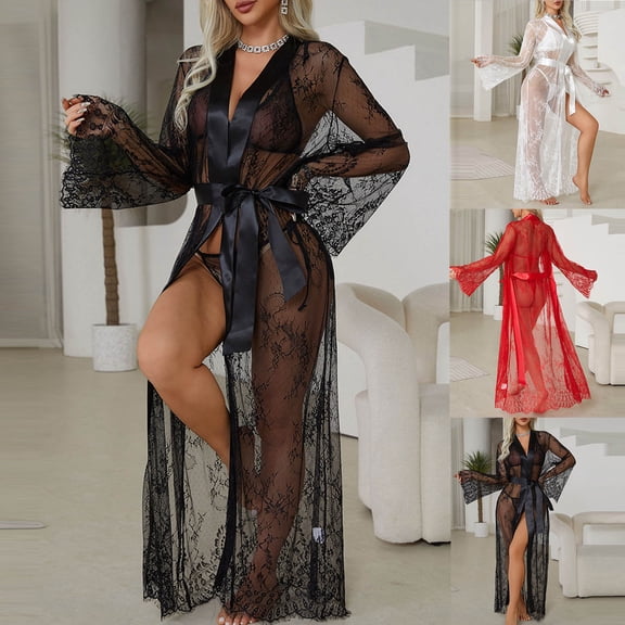Sakmal Robes for Women Long Sheer Loungewear for Women Black Ladies Robe L