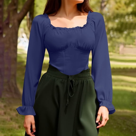 Sakmal Royal Blue Women Shirts Fall Cropped Tops Long Sleeve Square Neckline Plain Shirts for Women