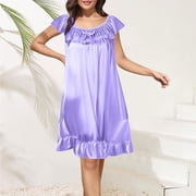 Sakmal Ruffle Moo Moos for Women Silky Knee Length Purple Cute House Dress Floral Short Sleeve Nightgowns for Women