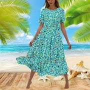 Sakmal Ruffle Plus Size Summer Dresses Boho Floral Short Sleeve Green Comfort Fit Maxi Sundress