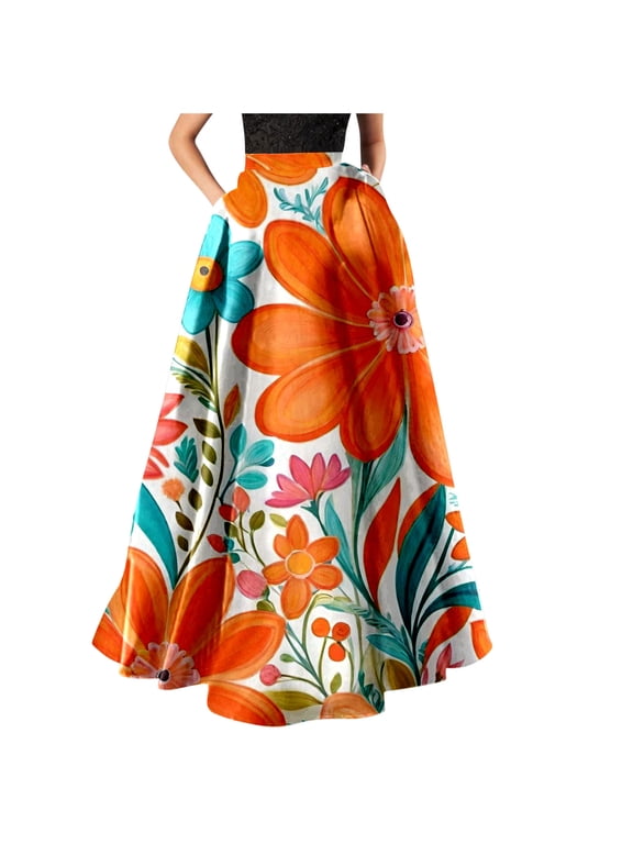 Ruffle Skirt Womens Orange Boho Flowy Maxi Floral A line Skirts for Women