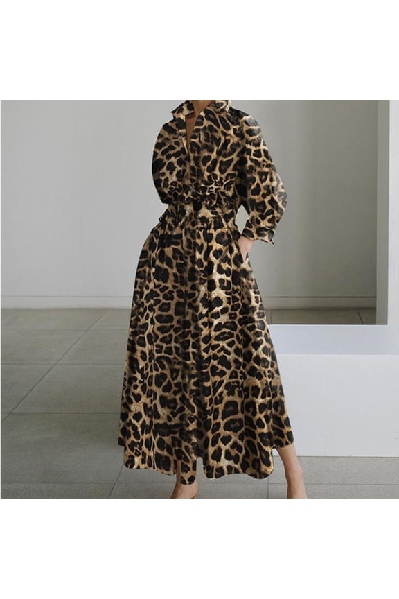 Ruffle Summer Dresses Long Sleeve Long V Neck Shirt Dress Brown Leopard Print Dresses S-5XL