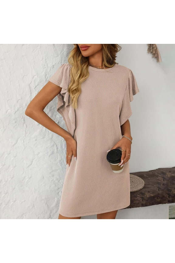 Ruffle Womens Dresses Beige Petite Mini T Shirt Dress Flutter Shift Short Sleeve Dresses for Women