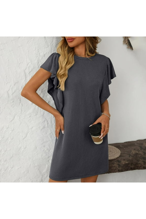 Ruffle Womens Dresses Spring Petite Mini Gray T Shirt Dress Shift Flutter Short Sleeve Dresses