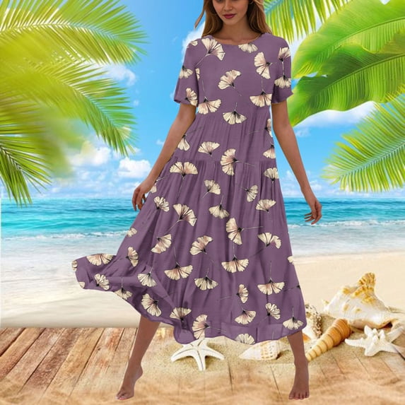 Sakmal Ruffle Womens Summer Dresses Boho Floral Purple Comfort Fit Short Sleeve Maxi Sundress