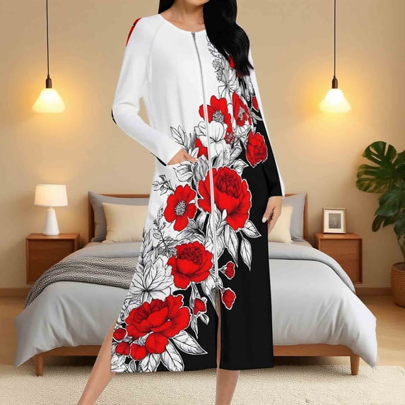 Sakmal Satin Women Robes Plus Size Zip Front Long Length Loungewear for Women Cute Women's Robe with Pockets
