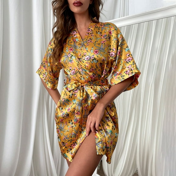 Sakmal Satin Women Robes Short Lightweight Sleepwear for Women Yellow House Ladies Robe L