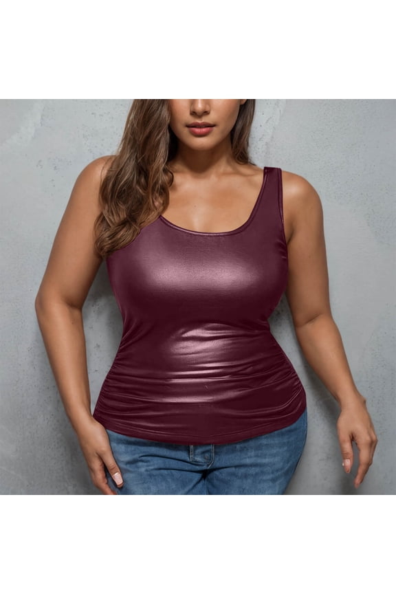 Scoop Neck Blouse Sleeveless Tank Tops Leather Shirts Red Blouses Womens Tops Dressy Casual