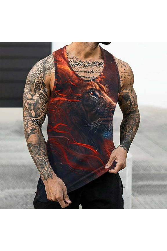 Scoop Neck Summer Tank Tops for Men Red Red Camisole Stringer Lion Graphic Lightweight Muscle Tunic Tops