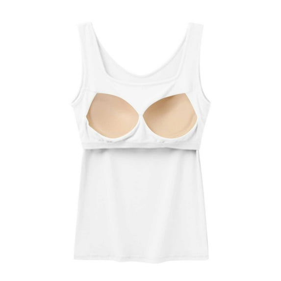 Sakmal Scoop Neck Tank Top for Women Casual White Spaghetti Straps Solid with Built In Bra Support Summer Casual Tank Tops