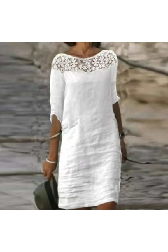 Semi Formal Women Dresses Shift White Midi Linen Dress Short Sleeve Lace Dresses for Women