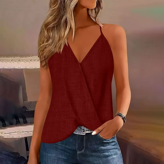 Sakmal Sexy Shirts for Women Camisole V-Neck Sleeveless Shirts Red Blouses Vacation Outfits for Women