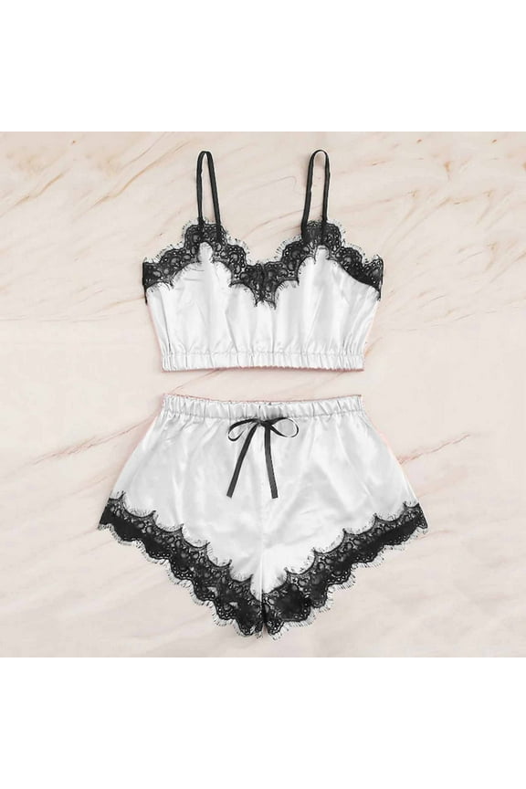 Sexy Summer Pajamas for Women Set Tank Top and Shorts Lace Soft Sleepwear ,White,M