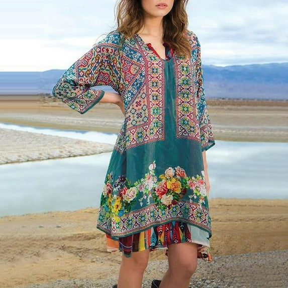 Sakmal Shift Dress Summer Dresses for Women 2024 Vacation Knee Length Graphic Blue Vintage 3/4 Sleeve V-Neck Ladies Dresses $5