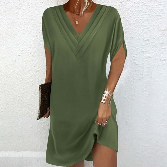 Sakmal Shift Women Dresses Dressy Midi Green Dress V Neck Semi Batwing Sleeve Dresses for Women