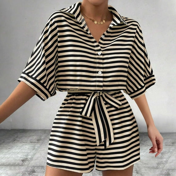 Sakmal Shirt Casual Rompers for Women Short Sleeve Dressy Collared Yellow Short Jumpsuits Striped Rompers with Belt