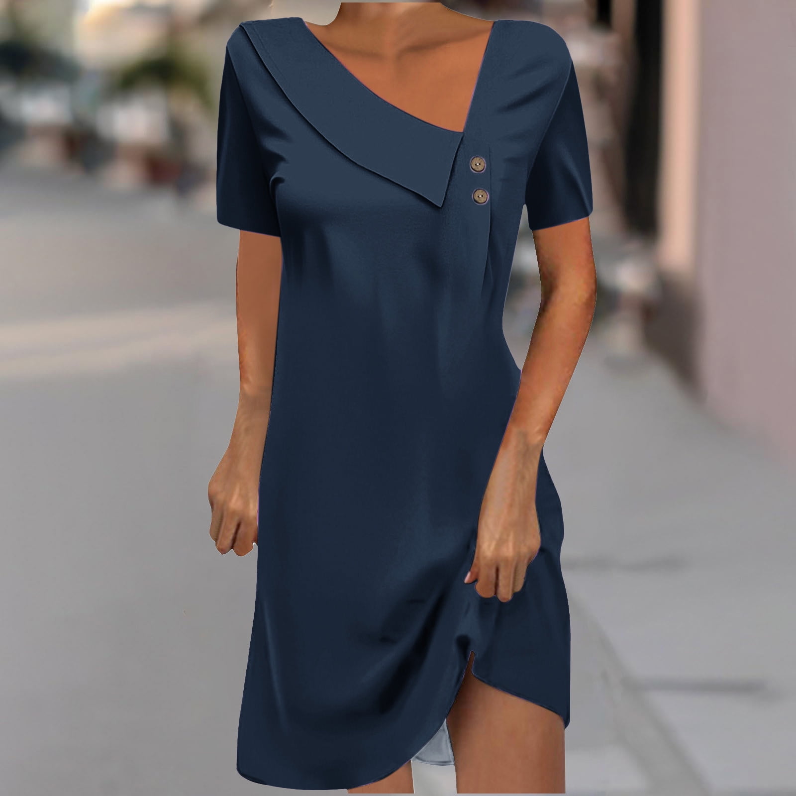Sakmal Mini Summer Dresses Graduation Semi Formal Blue Shirt Dress V Neck  Short Sleeve Solid Dresses - Walmart.com