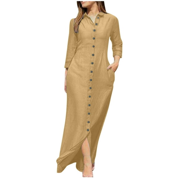 Sakmal Shirt Dresses for Women Cotton Linen Maxi Dress Collared Shift Solid Long Sleeve Dresses